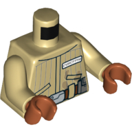 Lego Torso Jacket with Vertical Stripes, Reddish Brown Belt, Badge with Alien Letters Print (Quarrie), Tan Arms, Dark Orange Hands / Tan