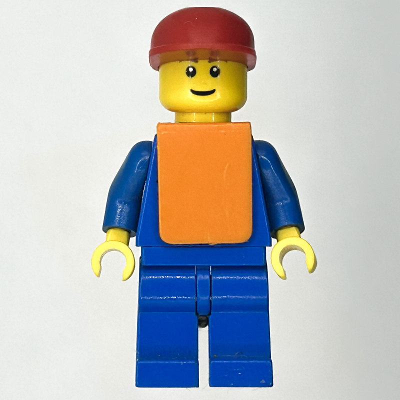 Lego Ground Crew, Blue Suit with Tie and Plane Logo, Red Cap, Orange Vest