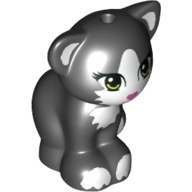 Lego Animal, Cat, Sitting with Light Green Eyes, Dark Pink Nose and White Markings Print / Black