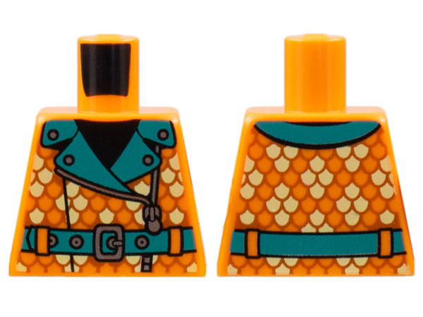 Lego Torso Coat with Dark Turquoise Lapels and Belt, Silver Studs, Zipper and Buckle, Tan Scales Pattern / Orange