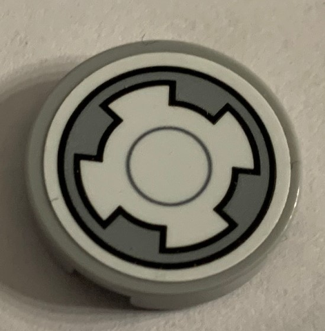 Lego Tile, Round 2 x 2 with Bottom Stud Holder with SW Millennium Falcon Dark Bluish Gray and White Circles and Cross Pattern (Sticker) - Set 75212