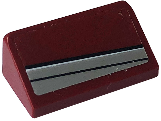 Lego Slope 30 1 x 2 x 2/3 with Silver Stripes Pattern Model Right Side (Sticker) - Set 76903 / Dark Red