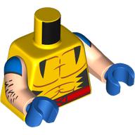 Lego Torso Muscle Outline, Black Triangles, Red Belt with X Print, Light Nougat Arms with Blue Triangels and Hair Print, Blue Hands / Yellow