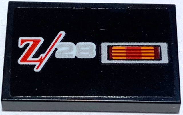 Lego Tile 2 x 3 with Red and Silver 'Z/28' and Red and Orange Reflector Pattern Model Left Side (Sticker) – Set 10304 / Black