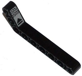 Lego Technic, Liftarm, Modified Bent Thick 1 x 9 (7 - 3) with Tread Plate, Black Triangle and Rectangle on Silver Background Pattern (Sticker) - Set 70727