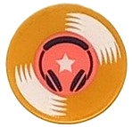 Lego Tile, Round 2 x 2 with Bottom Stud Holder with Vinyl Record with Dark Blue Headphones, White Star and Coral Centre Pattern (Sticker) - Set 41411 / Pearl Gold