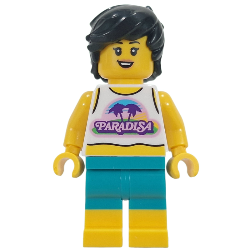 Lego Woman, White Vest, Dark Turquoise Shorts, Black Hair