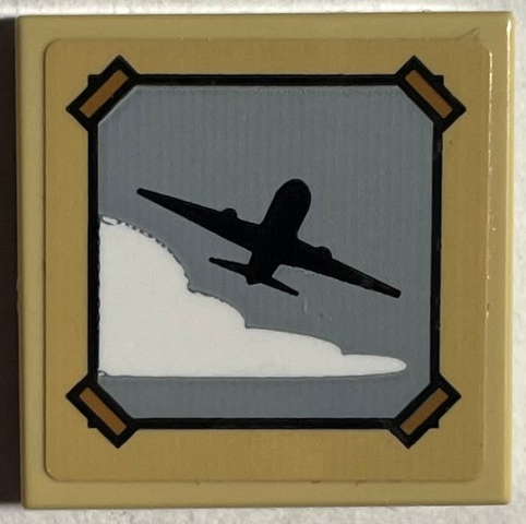 Lego Tile 2 x 2 with Picture of Black Airplane and White Cloud with Dark Tan Tape Pattern (Sticker) - Set 76403