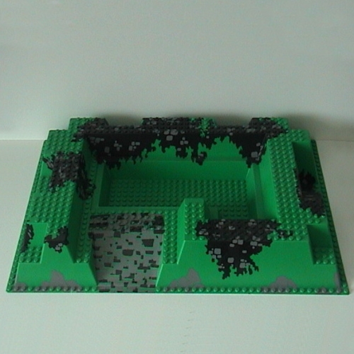 Lego Baseplate Raised 32 x 48 with Ramp, Large Pit, and Stairs and Stones Print / Green