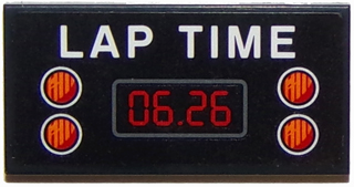 Lego Tile 2 x 4 with 'LAP TIME' and '06.26' with Four Orange and Red Lights Pattern (Sticker) - Set 75871 / Black