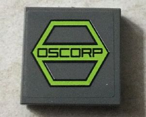 Lego Tile 2 x 2 with Black 'OSCORP' on Lime Hexagon Pattern (Sticker) - Set 76016