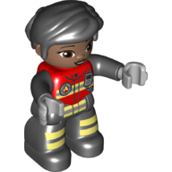 Lego Duplo Figure with Thick Short Hair Combed over Forehead Black, Black Legs, Jacket with Bright Light Yellow Safety Stripes, Fire Badge, and Radio Print (Firefighter)