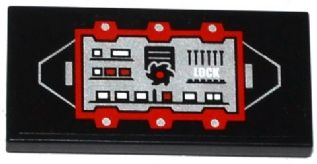 Lego Tile 2 x 4 with Red and Silver Control Panel with Black Saw Blade and White 'LOCK' Pattern (Sticker) - Set 70725 / Black