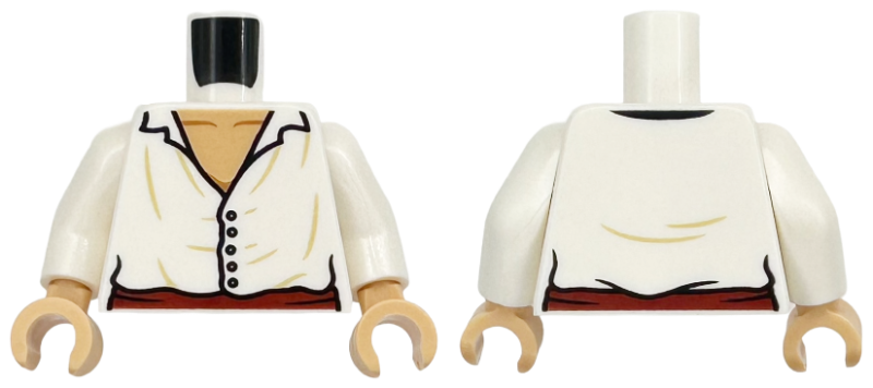 Lego Torso Shirt Open Collar with 5 Black Buttons, Dark Red Sash, Medium Tan Neck Pattern / White Arms / Medium Tan Hands
