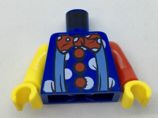 Lego Torso Clown Outfit with Medium Blue Suspenders, Red Pom-Poms and Bow Tie, White Polka Dots Pattern / Red Arm Left / Yellow Arm Right / Yellow Hands