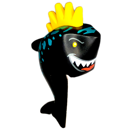 Lego Minifig Head Special, Shark with Dark Turquoise Stripes, Open Mouth with Teeth, Tongue, Yellow Spiked Fin Print / Black