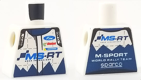 Lego Torso Speed Champions with Ford and sparco Logo with 'MS-RT' on Front and 'M-SPORT WORLD RALLY TEAM' on Back Pattern / White