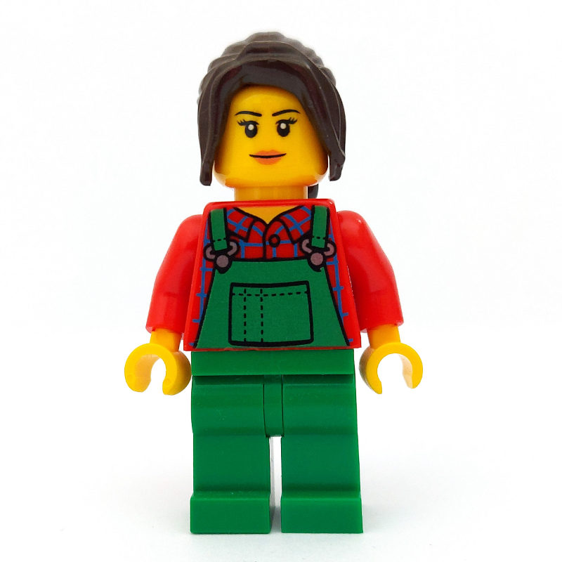 Lego Woman, Green Overalls over Red Plaid Shirt, Dark Brown Hair