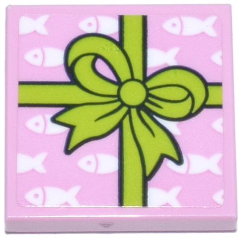 Lego Tile 2 x 2 with Present, White Fish Wrapping Paper and Lime Bow Pattern (Sticker) - Set 42666 / Bright Pink
