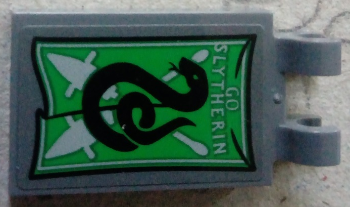 Lego Tile, Modified 2 x 3 with 2 Clips with 'GO SLYTHERIN' and Snake Banner Pattern (Sticker) - Set 75956