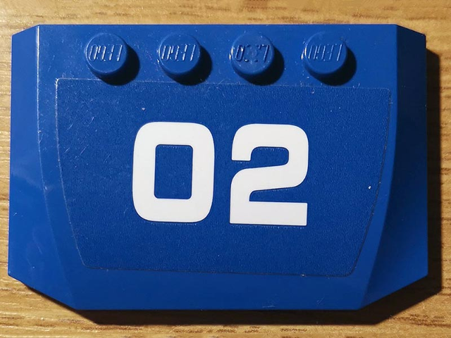 Lego Wedge 4 x 6 x 2/3 Triple Curved with White '02' on Blue Background Pattern (Sticker) - Set 60172 / Blue