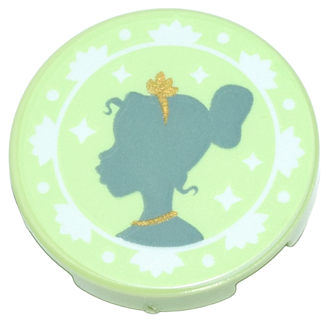Lego Tile, Round 2 x 2 with Bottom Stud Holder with Sand Green Tiana Silhouette, Gold Tiara and Necklace, and White Flowers Pattern