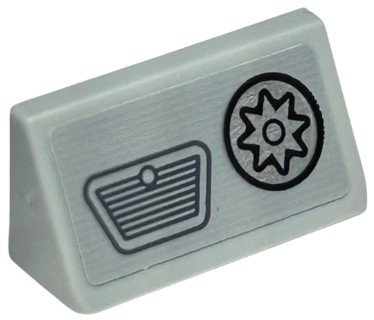 Lego Slope 30 1 x 2 x 2/3 with Dark Bluish Gray Dashboard Grille and Silver Gear Cog in Circle with Black Outline Pattern (Sticker) - Set 76424 / Light Bluish Gray