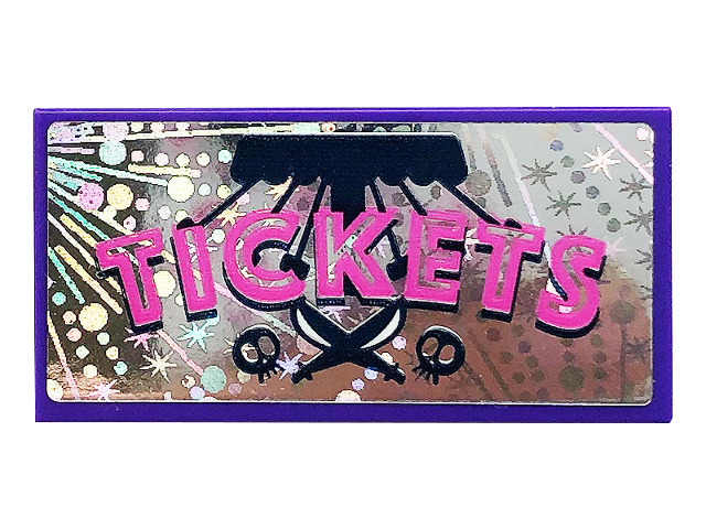 Lego Tile 2 x 4 with Skulls, Sabers and 'Tickets' Pattern (Sticker) - Set 41375 / Dark Purple