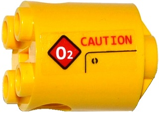 Lego Brick, Round 2 x 2 x 2 Robot Body with Bottom Axle Holder (x Shape / + Orientation) with Red 'CAUTION' and Diamond Warning Sign with White 'O2' Pattern Model Left Side (Sticker) - Set 60092