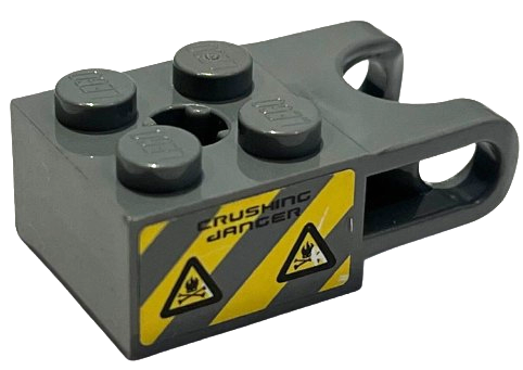 Lego Technic, Brick Modified 2 x 2 with Ball Socket and Axle Hole - Straight Forks with Round Ends and Open Sides with Danger Stripes and 'CRUSHING DANGER' Pattern (Sticker) - Set 7984