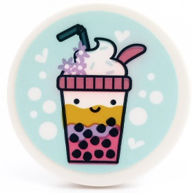 Lego Tile, Round 3 x 3 with Bubble Tea with Cream, Straw, Flowers, Hearts and Dots on Light Aqua Background Pattern (Sticker) - Set 41450