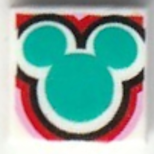 Lego Tile 1 x 1 with Dark Turquoise Mickey Mouse Outline, White/Black/Red/Bright Pink Lines Print / White