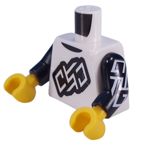 Lego Torso, Black Tag On Chest, White Tag On Arms print, Black Arms, Yellow Hands / White