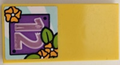 Lego Tile 2 x 4 with Medium Lavender Number 12, Bright Light Orange Flowers and Lime Leaves Pattern (Sticker) - Set 41395