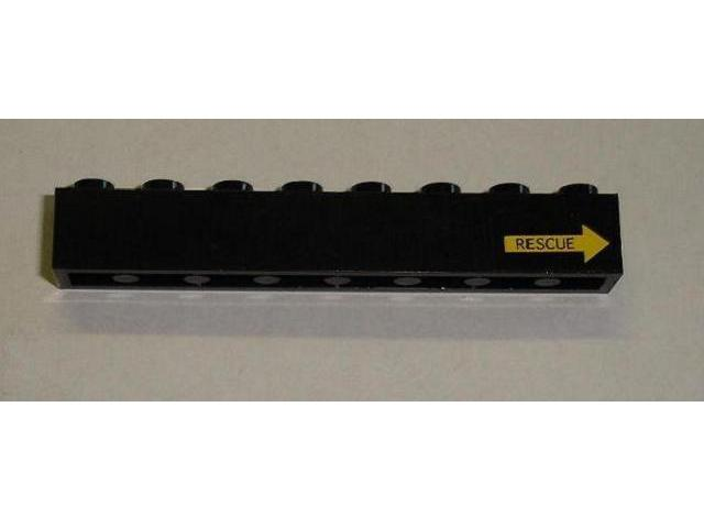 Lego Brick 1 x 8 with Yellow Arrow and 'RESCUE' Pattern Model Right Side (Sticker) - Set 8480 / Black