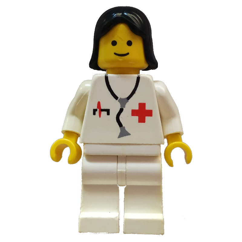 Lego Doctor, Woman, White Jacket with Red Cross and Stethoscope, Black Hair (3626a Head)