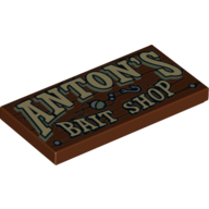 Lego Tile 2 x 4 with 'Anton's Bait Shop' Print / Reddish Brown