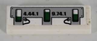 Lego Tile 1 x 3 with Black '4.44.1' and '9.74.1' and Green Level Indicators Pattern (Sticker) - Set 8864 / White