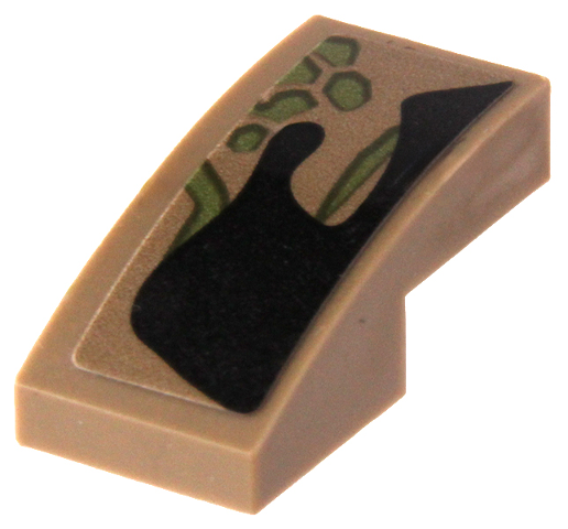 Lego Slope, Curved 2 x 1 x 2/3 with Olive Green Vines and Dots and Black Splotch Pattern (Sticker) - Set 76249 / Dark Tan