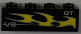 Lego Brick 1 x 4 with 'V8', 'GT' and Yellow Flame Pattern Model Right Side (Sticker) - Set 8186