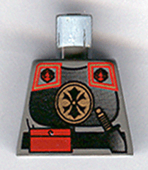 Lego Torso Adventurers Orient Chinese Guard Armor with Shoulder Pads and Gold Medallion, Black Belt with Red Pouch, Knife Handle Pattern / Dark Gray