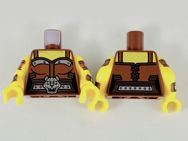 Lego Torso Female Bodice, Silver Trim and Large Cat Head Buckle Pattern / Yellow Arms with Reddish Brown and Silver Cuff and Strap Pattern / Yellow Hands