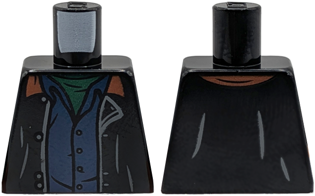 Lego Torso Jacket Open with Reddish Brown Collar over Dark Blue Shirt with Buttons and Dark Green Undershirt Pattern / Black