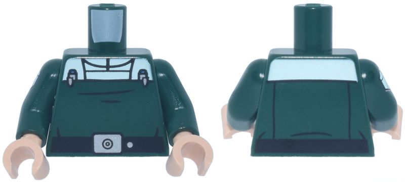 Lego Torso SW Imperial Uniform, White Should Panel and Collar, Black Belt with Silver Buckle and Dot, 2 Code Cylinders Pattern / Dark Green Arm Left / Dark Green Arm Right with White Hexagon Symbol Pattern / Light Nougat Hands