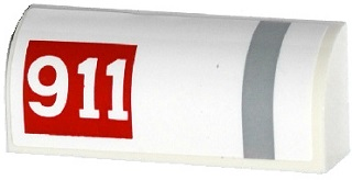 Lego Slope, Curved 1 x 4 x 1 1/3 with '911' in Red Rectangle and Gray Stripe Pattern Model Left Side (Sticker) - Set 75912