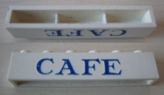 Lego Brick 1 x 6 without Bottom Tubes with Cross Side Supports with Blue 'CAFE' Serif Pattern