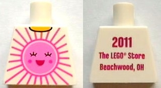 Lego Torso Shirt with Bright Pink and Dark Pink Sun with Face with Red Open Mouth Smile, Yellow Neck, '2011 The LEGO Store Beachwood, OH' on Back Pattern / White