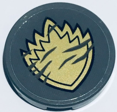 Lego Tile, Round 2 x 2 with Bottom Stud Holder with Gold Spiked Badge Pattern (Sticker) - Set 76079 / Dark Bluish Gray