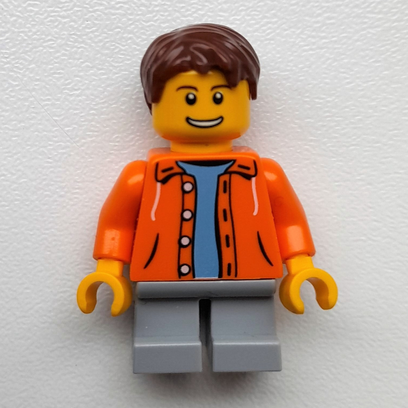 Lego Boy, Open Orange Jacket, Short Light Bluish Gray Legs