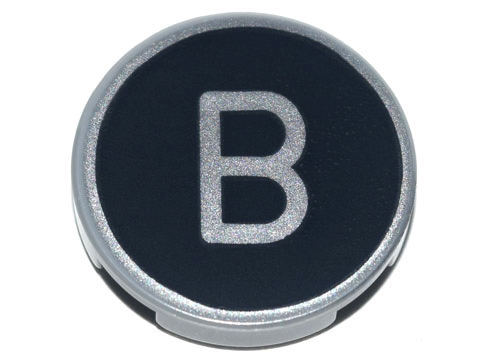 Lego Tile, Round 2 x 2 with Bottom Stud Holder with Silver Capital Letter B on Black Background Pattern / Light Bluish Gray